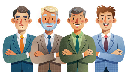 Vector of business professionals standing confidently with arms crossed and smiling. Formal attire, diverse characters, office theme, isolated on white background. Perfect for presentatio