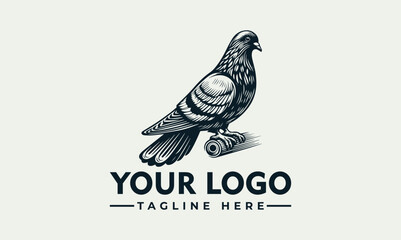 A detailed illustration of a pigeon perched on a cylindrical object, logo concept.
