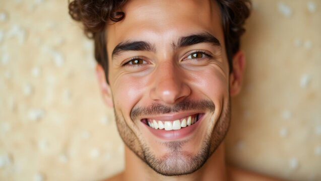 Hombre joven apuesto y sonriente luciendo una piel sana