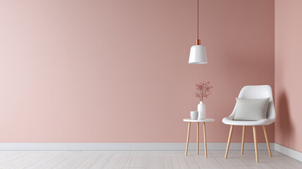 Minimalist interior with white chair and small round table holding vase and cup, soft pink wall background creating calm and cozy atmosphere in modern room