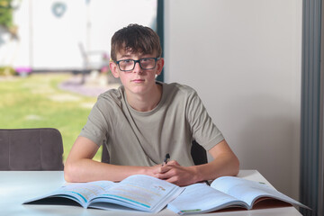 Teenage boy doing home work