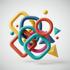 Dynamic abstract composition of various colorful 3D geometric shapes like rings, squares, and spheres, floating in a vibrant and modern arrangement.
