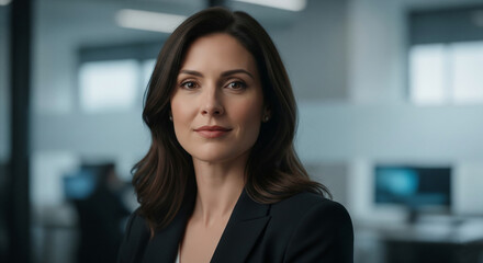 Naklejka premium Close-up portrait of a woman with brown hair, wearing a black blazer, in a modern office setting, projecting confidence and professionalism