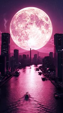 Pink Cityscape With Gigantic Moon and Sleek Boats in Anime Style Under Night Sky