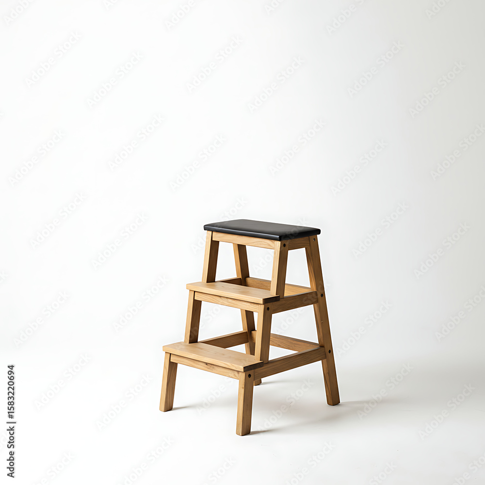 Poster a simple and functional wooden three-step stool with a dark top, isolated on a clean white backgroun