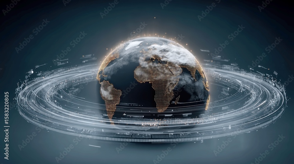 Aufkleber holographic earth in server hub, a dynamic 3d representation of the planet surrounded by global stre