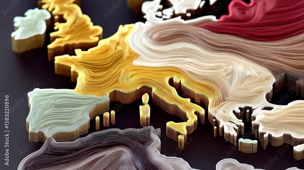 Fototapete global data flow, an abstract 3d visualization showcasing vibrant trails of data connecting continen