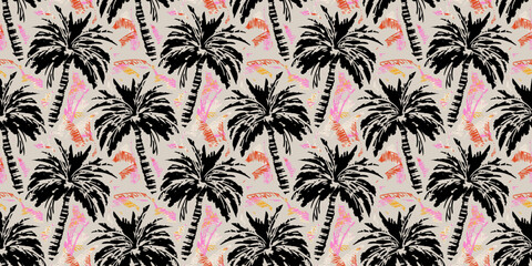 Tropical seamless pattern with hand drawn coconut trees. Hawaiian summer background. Coconut tree print for fabric, textiles, packaging, cover, poster, banner, wallpaper, interior.