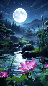 Pink Lotus Pond with Full Moon in an Anime Style Landscape Under The Night Sky