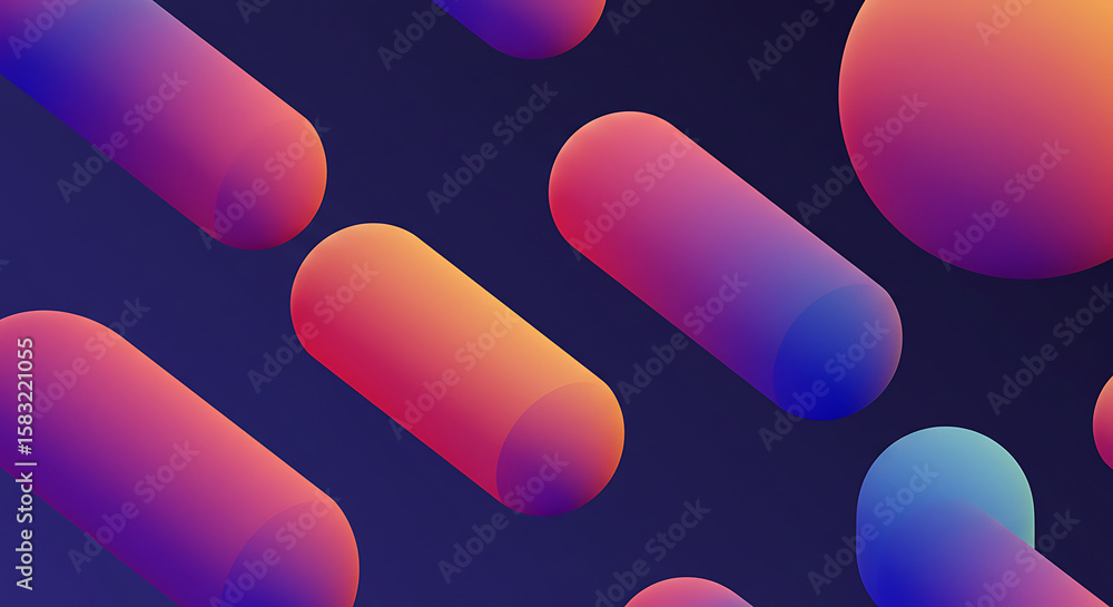 Poster abstract background with a pattern of colorful, smooth 3d cylinders and spheres in vibrant gradient 