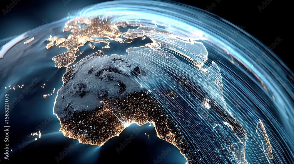 Poster futuristic global network grid, interconnected continents illuminated by glowing data streams, vibra
