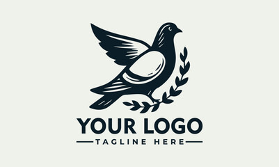 A stylized dove logo design, wings outstretched, perched on an olive branch, representing peace and hope.