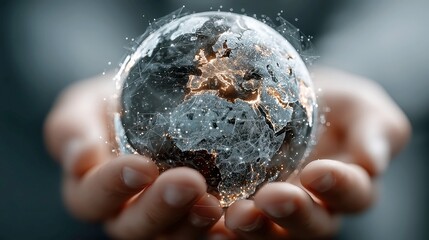 Global Business Connection, hands supporting a holographic Earth displaying dynamic data overlays, symbolizing interconnectedness and innovation in a digital world