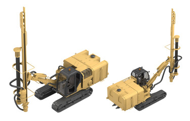 Yellow drilling rig machine with hydraulic system on crawler tracks. Heavy construction equipment for foundation work, mining and industrial projects isolated on white. 3d rendering