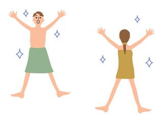 バスタオルを身体に巻いて万歳する男女のイラストセット_顔入り