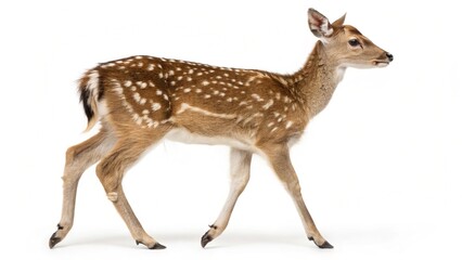 A lone brown female roe deer with a spotted fawn stands on grass, isolated against a white background