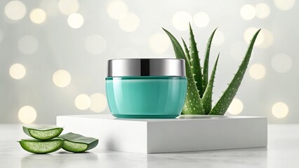 Aloe vera cream and fresh leaves are displayed on a white pedestal, isolated on white background