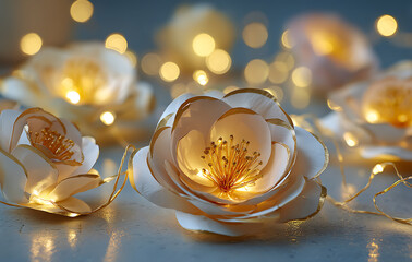 Elegant White Paper Flowers with Golden Trim Lit by Soft Festive Lights on Table Top
