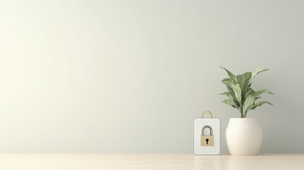 Lock Symbol on White Shape. Security Concept Near Green Plant. Minimal Background. Digital Awareness. Data Protection Interior