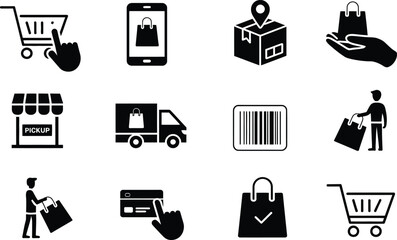 Black Shopping Icons Set Illustrating Online Ordering and Delivery