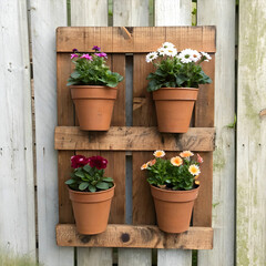Naklejka premium Beautifully crafted wall décor featuring flower pots in a rustic wooden frame.