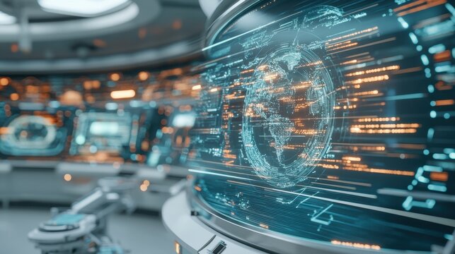 Digital Global Network on Screen Displaying Cybersecurity Awareness Data Streams in Bright Futuristic Control Room