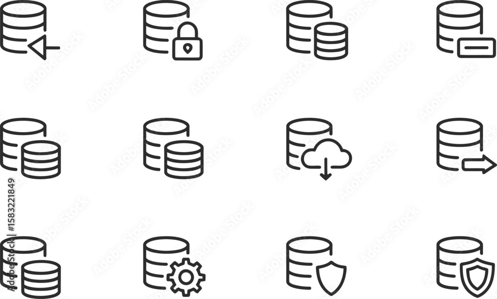 Poster database icons with arrows lock cloud gear shield on white background