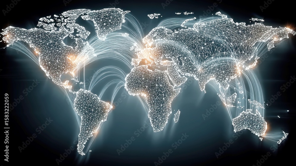 Poster global connectivity visualization, a dynamic world map showcasing illuminated connections and city d