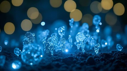 Glowing Water Droplets Rising from Ground Close-Up