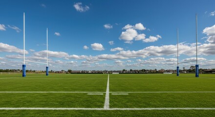 Rugby field, goal posts, clear sky