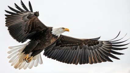 Obraz premium A majestic American bald eagle soars through the blue sky with wings outstretched, a true symbol of nature's wild beauty in flight