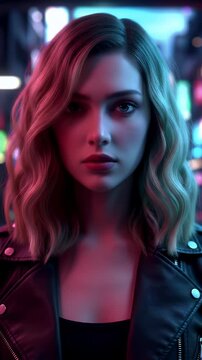 Portrait of Young Woman with Blonde Wavy Hair in Black Leather Jacket Against a Neon Manga Style Background