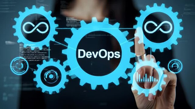 Woman Touches Holographic DevOps Interface with Blue Gears and Data Visualization in a Digital Background