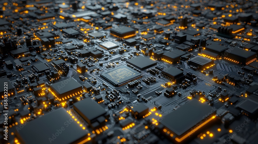 Poster close-up view of a complex circuit board with glowing components.