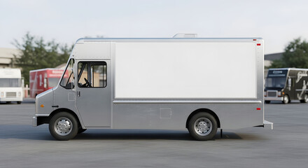 Naklejka premium Gray Delivery Truck in Parking Lot with Other Vehicles and Trees