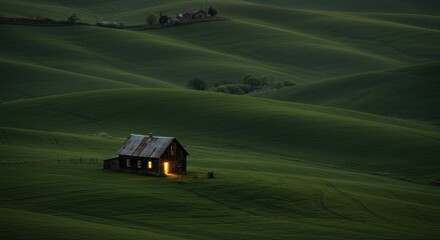 Rural home bathed in evening light