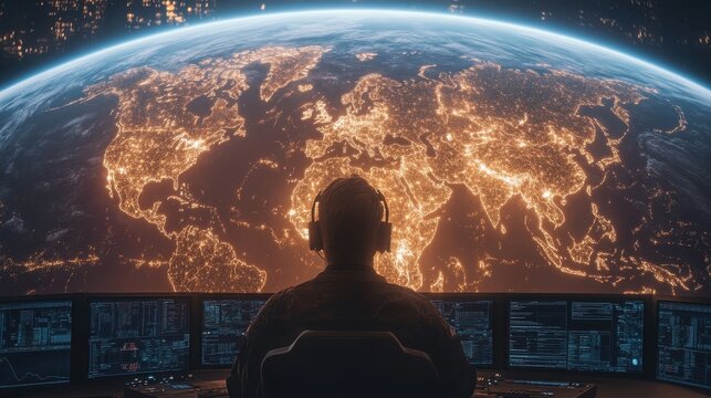 Person watches glowing world map from control room with many screens. Concept: Awareness cybersecurity, global network security