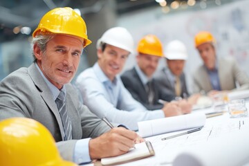 Team of architects wearing hard hats in meeting room, review blueprints. It is perfect to show construction, engineering, and project management.