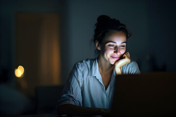 Midnight Remote Work. Smiling Woman Enjoying Laptop Screen at Home. 
