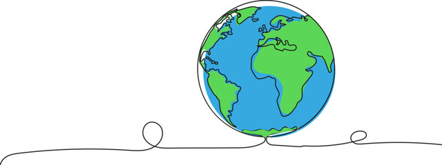 A minimalist vector illustration of the Earth globe created using a single continuous line drawing technique. This elegant and clean design symbolizes global unity, nature, sustainability