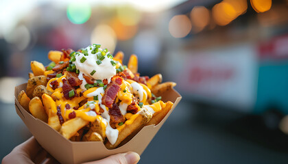 Delicious loaded fries food truck festival culinary delight outdoor atmosphere close-up view street food culture