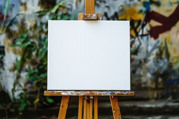 Blank canvas on wooden easel set against a colorful abstract mural in an outdoor art studio setting