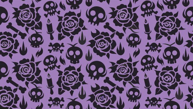 Seamless pattern with skulls roses candles and bones on a light purple background design element