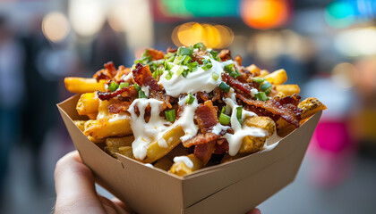 Delicious loaded fries food truck festival culinary delight outdoor atmosphere close-up view street food culture