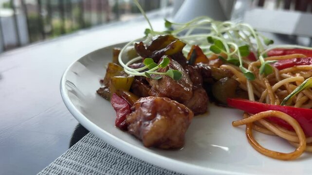 Breakfast with Traditional Java food called Java Noodle egg, noodle, vegetable, chicken. High quality 4k footage