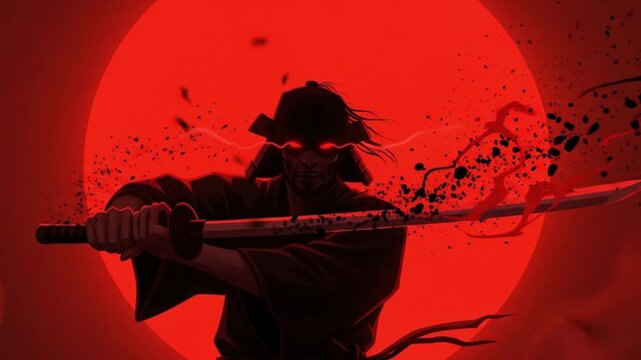 Fierce oni samurai in front of a bloodred moon. Perfect for designs related to Japanese culture, warriors, and dark fantasy.