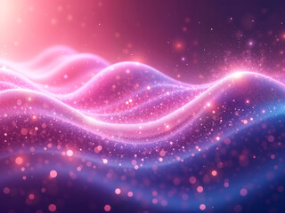Shimmering pink waves on dark space background, with sparkles and glowing light particles. Generative AI