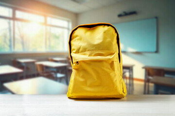 School desk with backpack in foreground and blurred classroom interior in background, concept of...