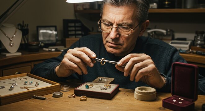Senior jeweler meticulously repairs ring - Powered by Adobe