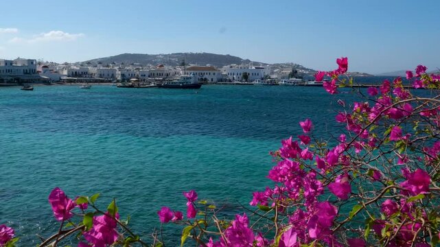 famous windmills of Mykonos island over seascape, Mykonos island, Greece. High quality 4k footage